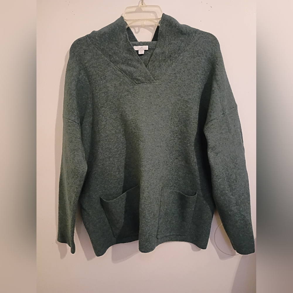 J. Jill Women's  Green V-Neck Sweater With Hood Cotton Blend Sz‎ L